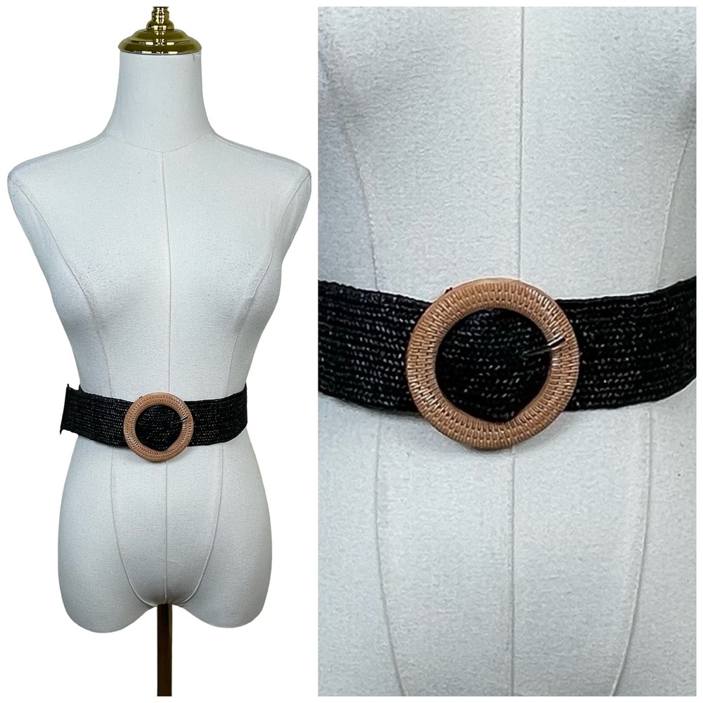 Vintage Woven Raffia Elastic Cinch Belt Womens Black Brown Round Buckle Boho